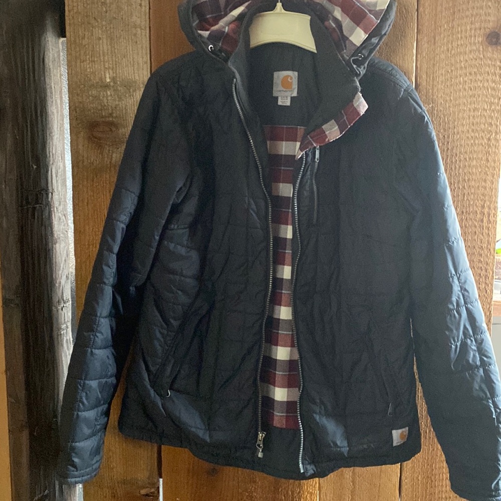 Women’s black light rain jacket with plaid lining and hood Med